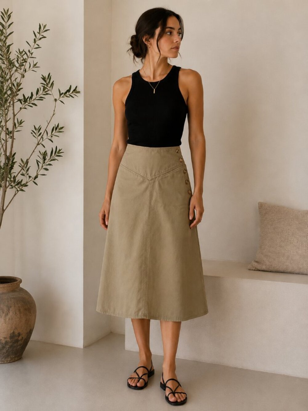 Vintage Banana Republic Khaki A-Line Midi Skirt - Picture 1 of 7